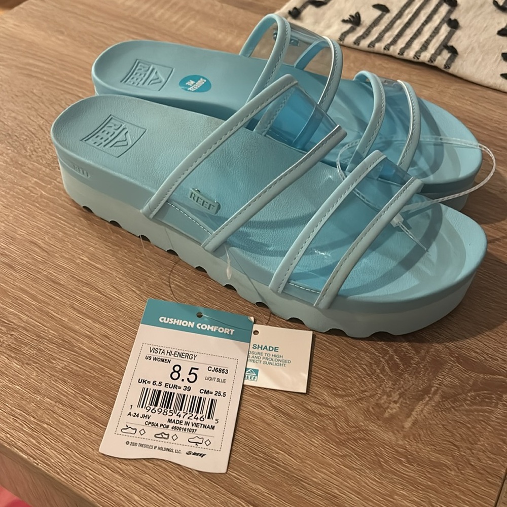 Reef Blue Platform Sandals Chunky Sole vista hi energy slides 8.5 clear teal - Picture 9 of 12